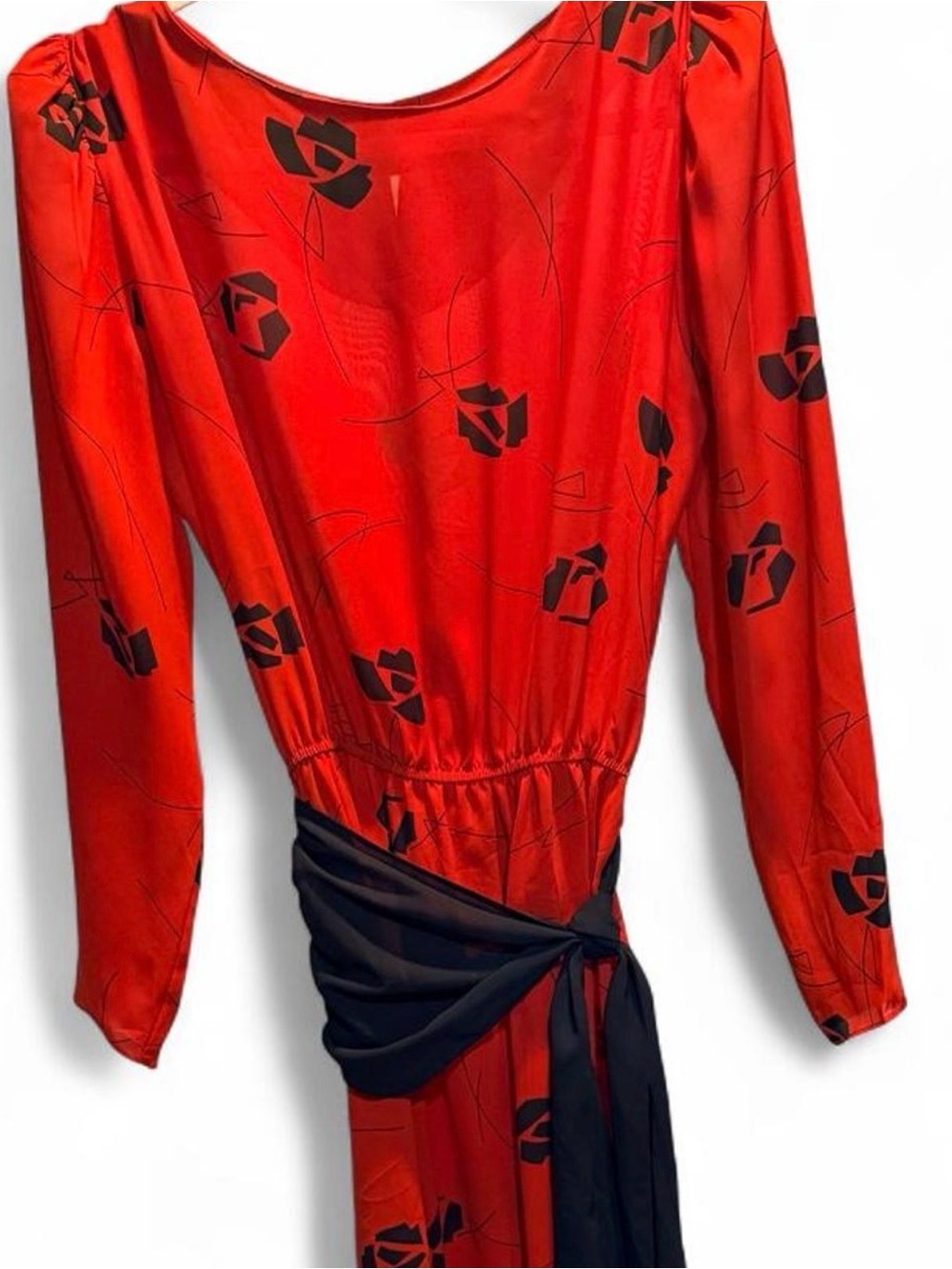 Vintage 80s Red & Black Rose Graphic Midi Dress